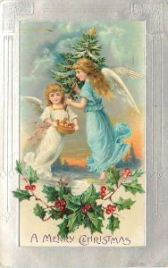 c1907 Embossed Christmas Postcard Pretty Angels Bring Tree & Fruit Basket Posted