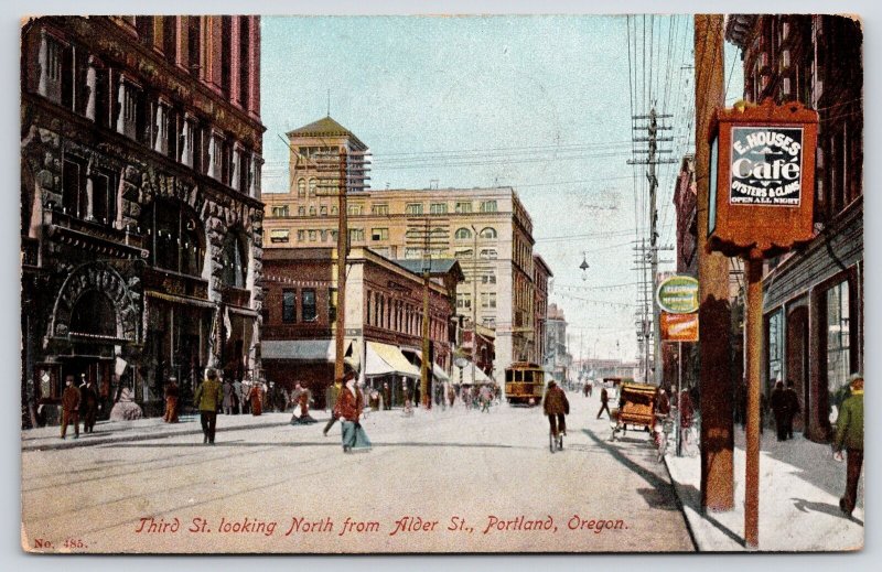 Portland Oregon~Third Street @ Alder~Trolley~Bicycle~E Houses Cafe Oysters~1907