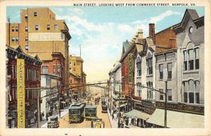 Norfolk Virginia Main Street Scene Trolley Antique Postcard K23598