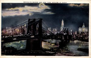 USA Brooklyn Bridge At Night New York City Vintage Postcard 08.87