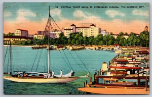 St Petersburg Florida~Central Yacht Basin Docks & Ship~PM 1946~Linen Postcard