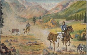 Postcard Western Horseback Scene Lead'n 'Em Out Painting LH Dude Larsen