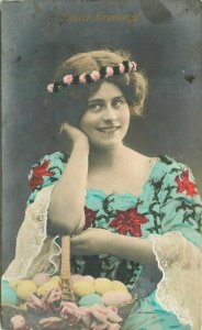 C-1910 Pretty Lady Easter Eggs Guady hand tint RPPC Photo Postcard 21-3598