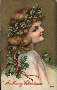 Christmas Pretty Young Girl Holly Crown c1910 Vintage Postcard