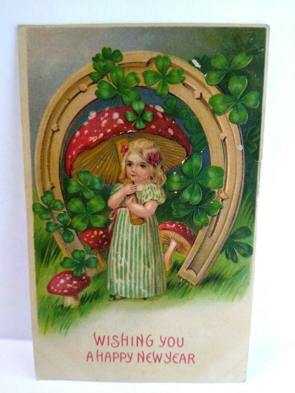 New Years Postcard 1912 Mushroom Umbrella Shamrock Girl Fantasy Germany BW 302 