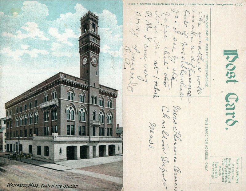 WORCESTER MA CENTRAL FIRE STATION ANTIQUE POSTCARD