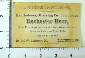 1870's Rochester Beer Southern Bottling Co, Bartholomay Brewing Trade Card 1 F69