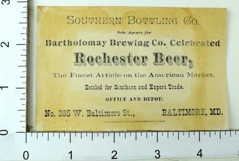 1870's Rochester Beer Southern Bottling Co, Bartholomay Brewing Trade Card 1 F69