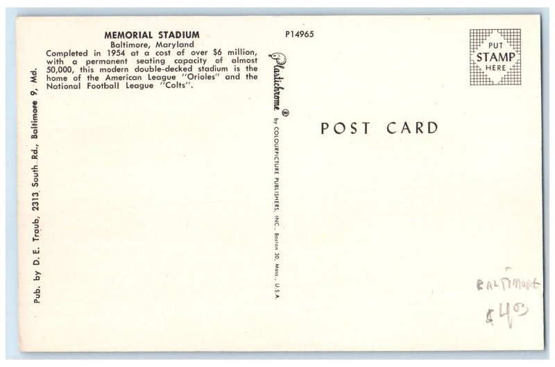 c1960's Memorial Stadium Exterior Roadside Scene Baltimore Maryland MD Postcard