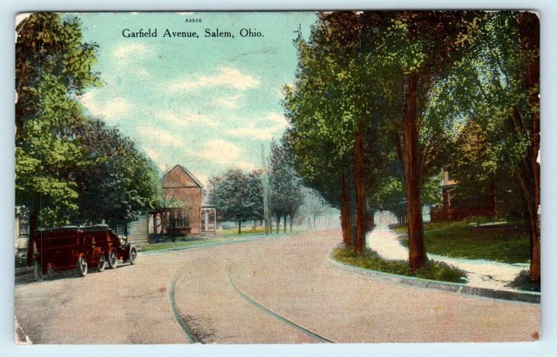 SALEM, OH  ~ GARFIELD Avenue STREET SCENE 1910 Cars Columbiana County  Postcard