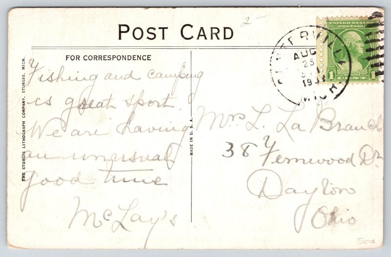 Centerville Michigan Cancel~Building on Waterfront~Fishing Camping Great~1932 PC