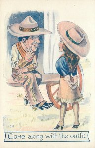 Postcard RPPC 1920s Cowboy Cowgirl romance artist comic humor 24-109