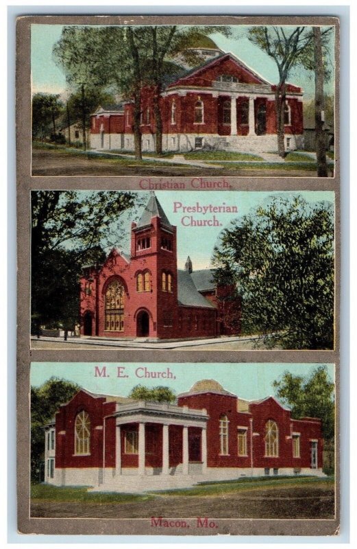 Macon Missouri Postcard Christian Presbyterian ME Church Multiview 1915 Vintage