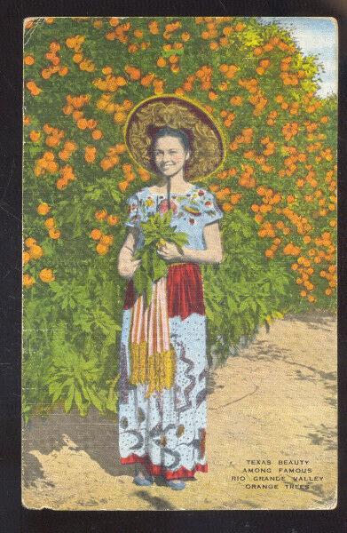 TEXAS BEAUTY RIO GRANDE VALLEY RIVER ORCHARD PRETTY WOMAN VINTAGE POSTCARD