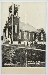 Edmond Oklahoma First M.E. Church Men On Bell Tower Book Store Postcard W5
