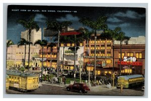 Vintage 1940's Postcard Plaza Cable Cars Buses Antique Cars San Diego California