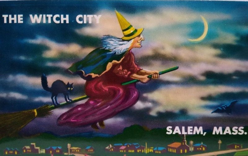 Halloween Postcard Salem Witch City Crescent Moon Black Cat Church Village Below