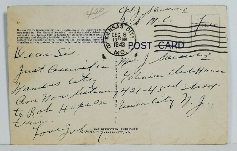 Missouri Union Station and Skyline Kansas City Soldier Sansevere NJ Postcard N8