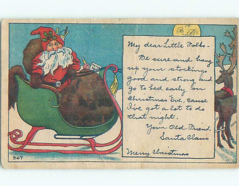 Pre-Linen christmas SANTA CLAUS IN SLED WITH REINDEER & MAN IN THE MOON W6886