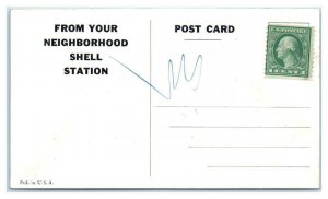 SHELL GAS STATIONS ~ HAPPY TRIP Advertising c1940s Multiview Artist  Postcard