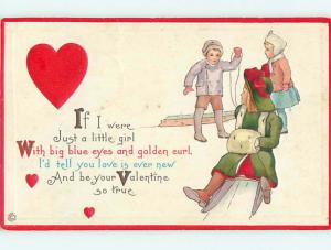 Divided-Back valentine GIRL ON TOBOGGAN SLED WITH FUR MUFF r4115