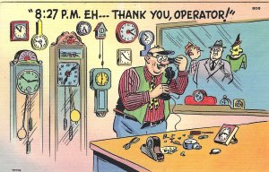 1940's Comic Cartoon Clock Phone Operator Linen Postcard