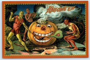 2 Repro Postcards HALLOWEEN Witch, Jack O'Lantern, Devils, Black Cat 4x6 ~2001