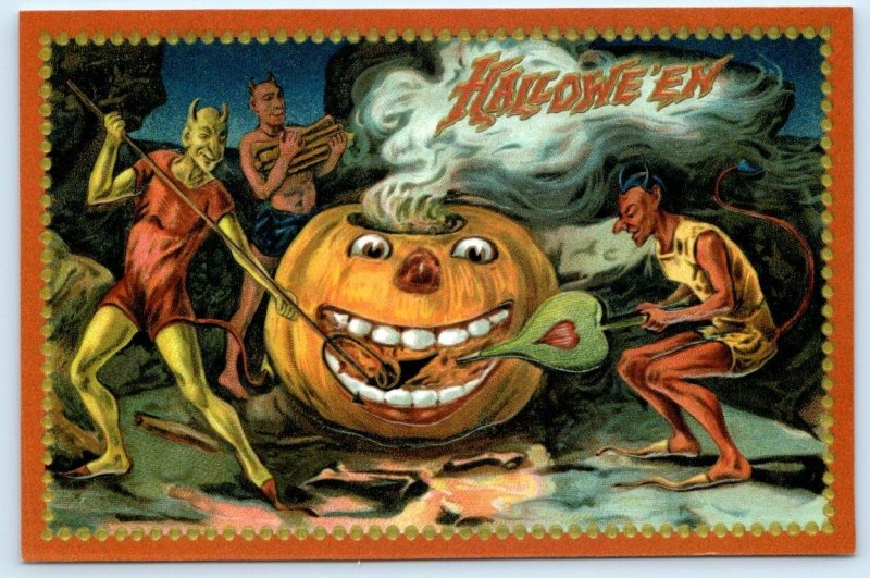 2 Repro Postcards HALLOWEEN Witch, Jack O'Lantern, Devils, Black Cat 4x6 ~2001