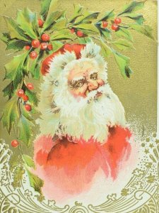 C.1900-10 Embossed Santa Claus Holly Berries Christmas Vintage Postcard F56