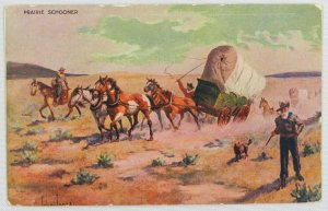 Group of Cowboys Moving Across Prairie with Horses and Wagons- Vintage Postcard