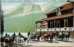 Lake Louise Alberta CPR Hotel People Horses Wagons Illustrated Postcard G82 