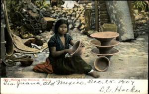 MEXICO Young Girl Making Clay Braseros Pottery c1910 Post...