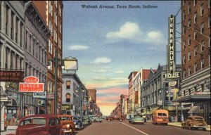 Terre Haute Indiana IN Classic Cars Bus Street Scene Linen Vintage Postcard