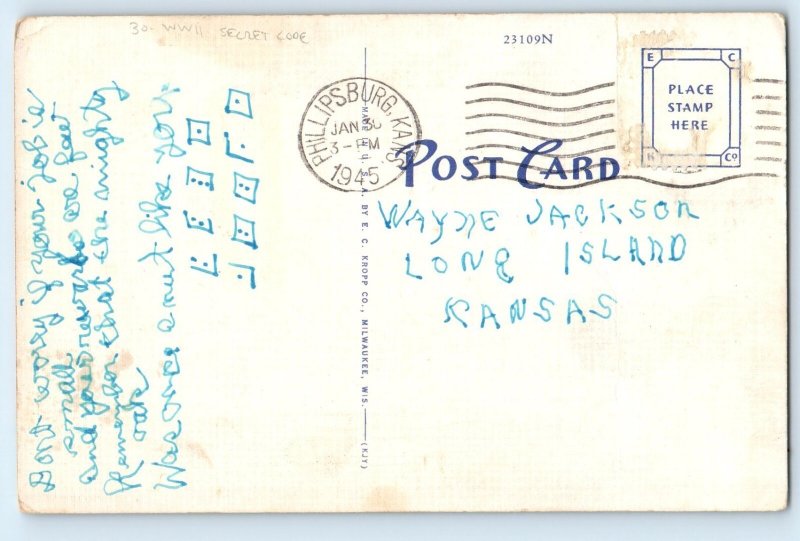 1945 Soldier Romance Kissing The Draft Ain't Bad Secret Code WWII Postcard