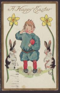 A Happy Eater,Boy,Rabbits,Daffodils Postcard 