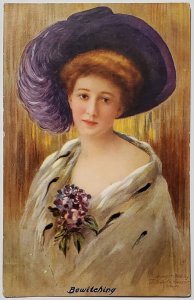 Bewitching Pretty Lady Purple Hat J Ellsworth Gross 1909 Deshler NE Postcard G28