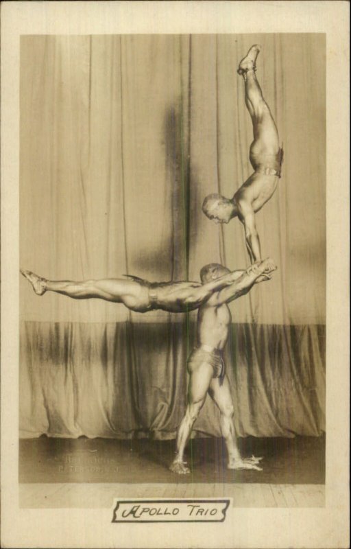 Apollo Trio Semi Nude Men Beefcake Strong Men Gymnasts c1910 RPPC xst