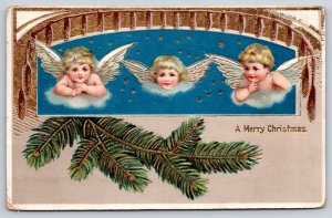Christmas~3 Cherub Angel Faces Fly in Sky~Pine Branch~Gold Leaf Gloss~Germany