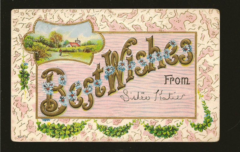 Postmarked 1910 Benson Nebr. Best Wishes Embossed Color Postcard