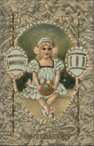 Easter Little Girl with Eggs Embossed Egg Border c1910 Vintage Postcard