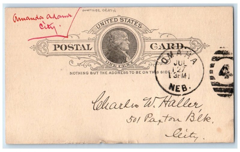 1869 Mr. C Haller Mother Death Amanda Adams Omaha Nebraska NE Postal Card 