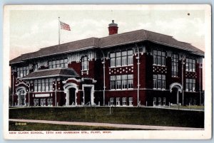 c1920's New Clark School Campus Building US Flag Flint Michigan Vintage Postcard