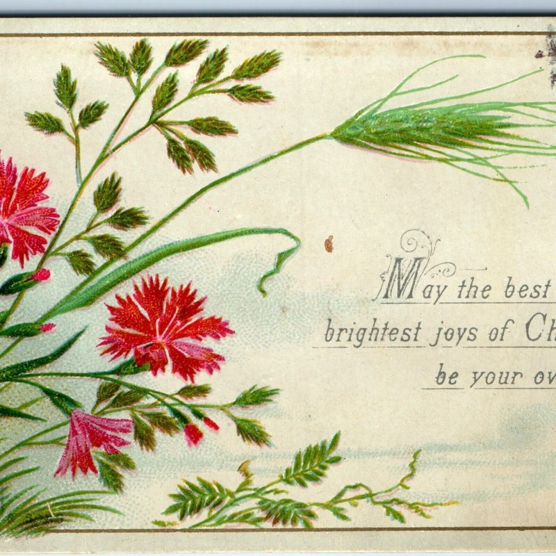 c1880s Raphael Tuck Christmas Small Trade Card Xmas Joys Saying Flower 1205 C6