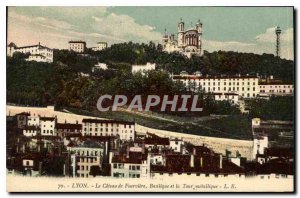 Old Postcard Lyon Le Coteau de Fourviere basilica and metal tower