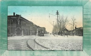 1909 North Dakota Fargo Green Border Trolley Front Street Postcard 22-11709