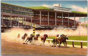 VINTAGE POSTCARD CLOSE-UP HORSE RACING AT MONMOUTH PARK OCEANPORT N.J. 1940s