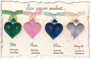 Language & colors of hearts vintage handmade material applied postcard Belgium