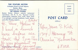 Vtg Boston Massachusetts MA Hungry Pilgrim Restaurant Statler Hilton Postcard