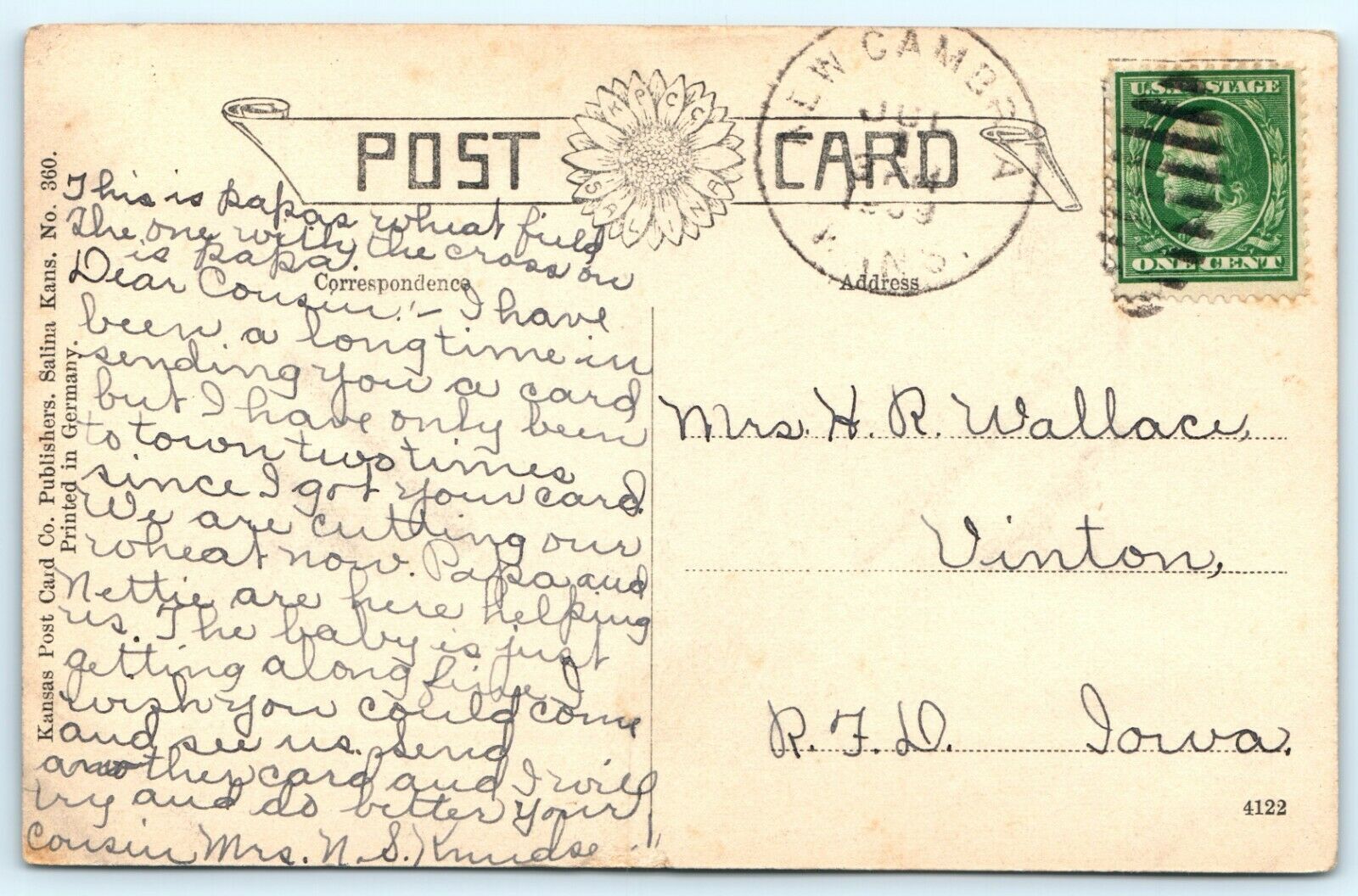 1909 New Cambria, KS Wheat Field Harvesting Hand Colored Photo Postcard