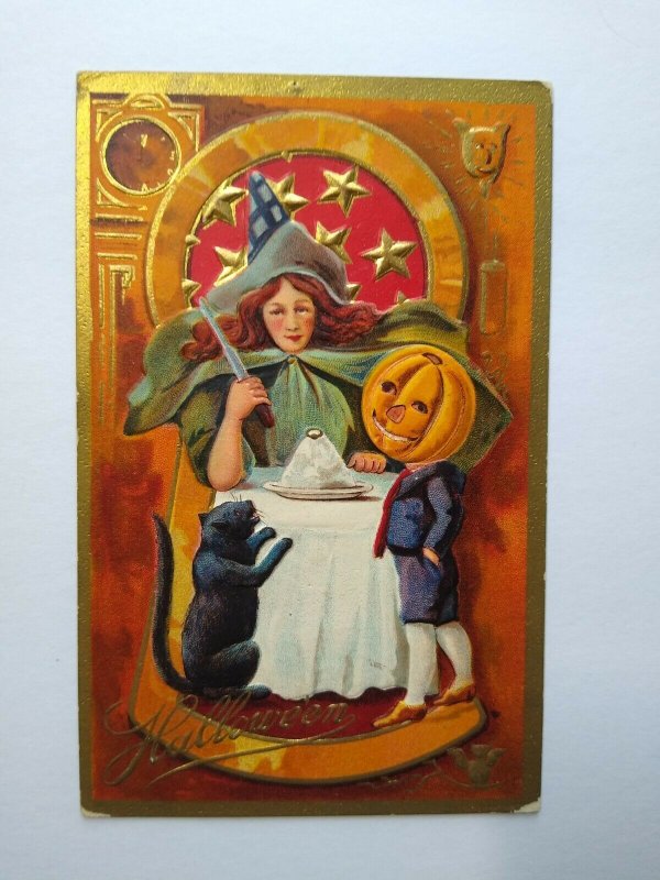 Halloween Postcard Nash Witch Black Cat Goblin Witch Series 3 Embossed Keyhole